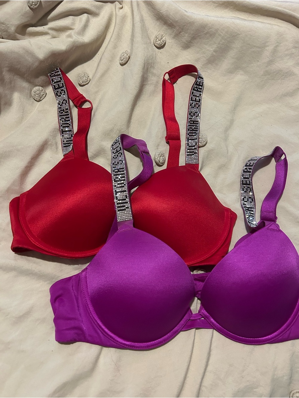 Victoria's Secret Red & Purple Satin Push-Up Bras with Embellished Straps
